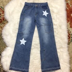 Cargo Jeans Womens S Baggy Wide Leg Street Mid Rise Emo Punk Pockets Y2K Star